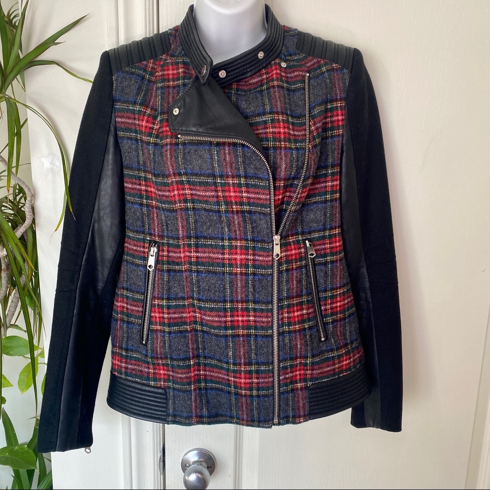 Zara Trafaluc wool blend plaid moto biker jacket XS - Picture 3 of 14